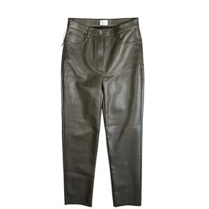 Aritzia Minimalist Olive Green Faux Leather Pants Straight Leg High Rise Long 4